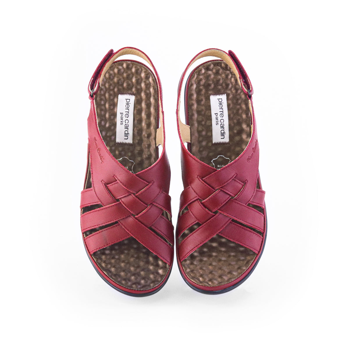 Pierre Cardin รองเท้าผู้หญิง รองเท้าแตะแบบลำลองหญิง รองเท้าส้นแบนแบบรัดส้น นุ่มสบาย ผลิตจากหนังแท้ สีแดง ไซส์ 36 37 38 39 40 รุ่น 27WS445