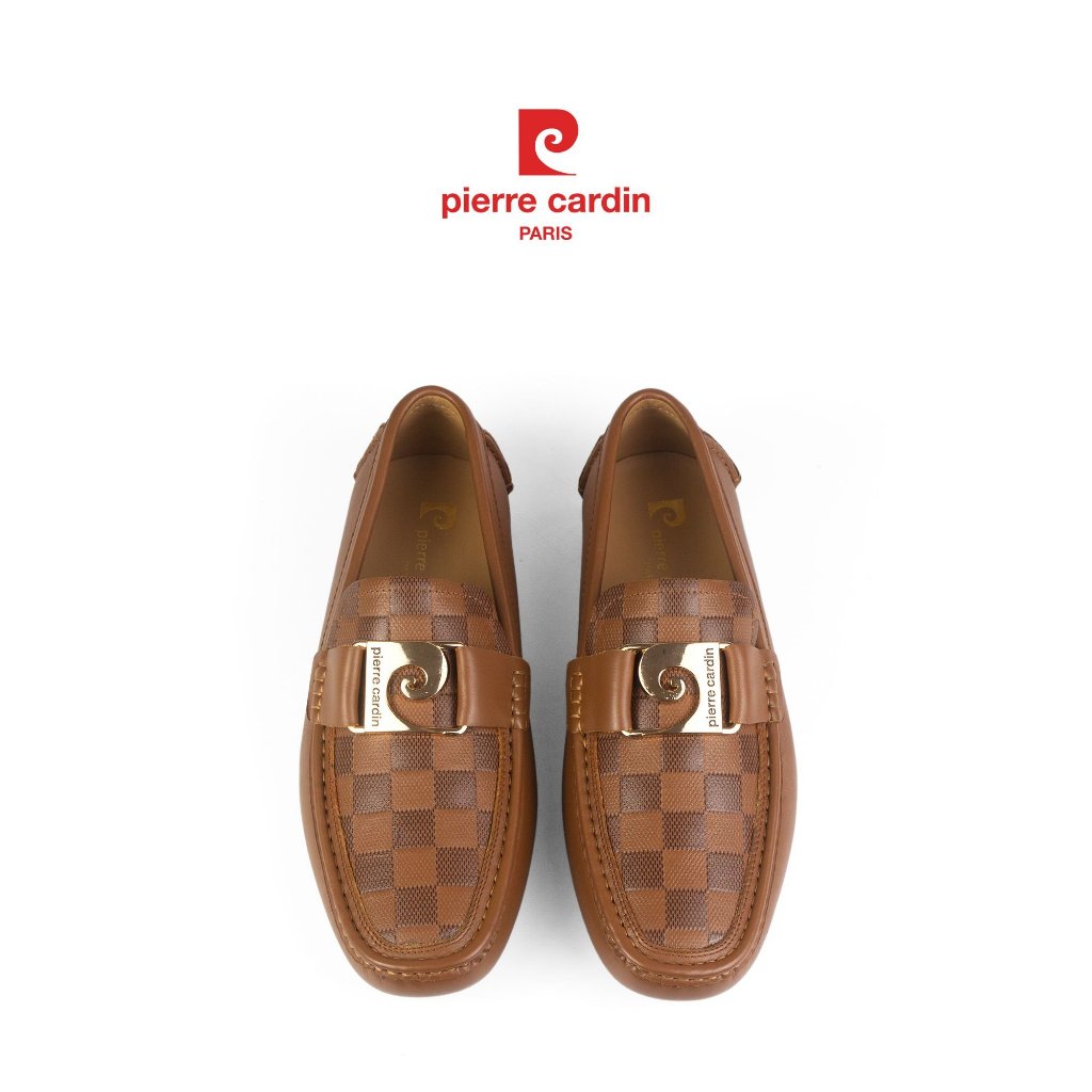 รองเท้าหนังสลิปออนผู้ชาย Pierre Cardin ฝรั่งเศส หนังวัวแท้ ลายคาโร่ปั๊มแฟชั่น พื้นยางกันลื่น รุ่น 525