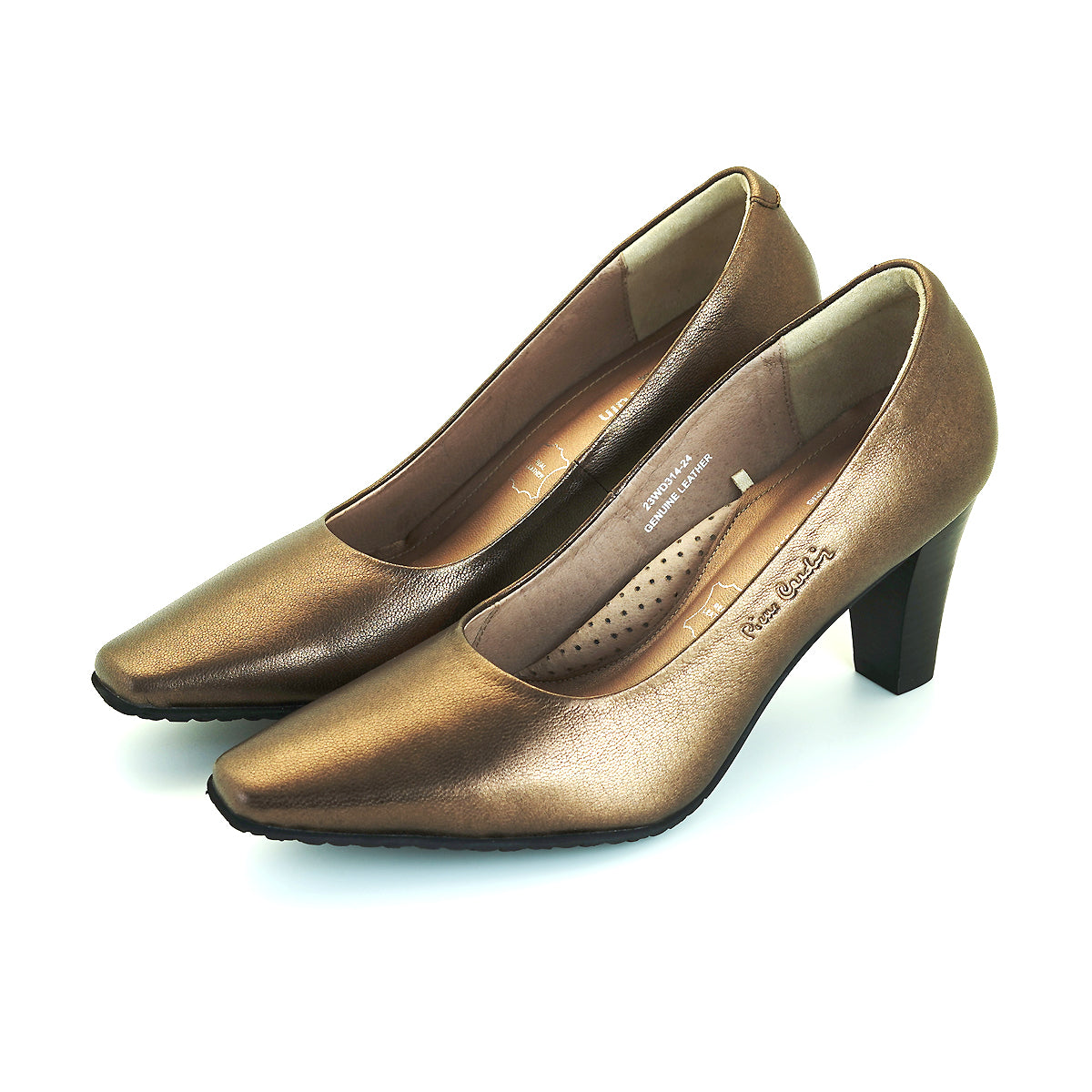 Pierre Cardin รองเท้าผู้หญิง รองเท้าส้นสูง รองเท้าส้นสูงทรง Pump นุ่มสบาย ผลิตจากหนังแท้ สีบรอนซ์ทอง ไซส์ 23WD314