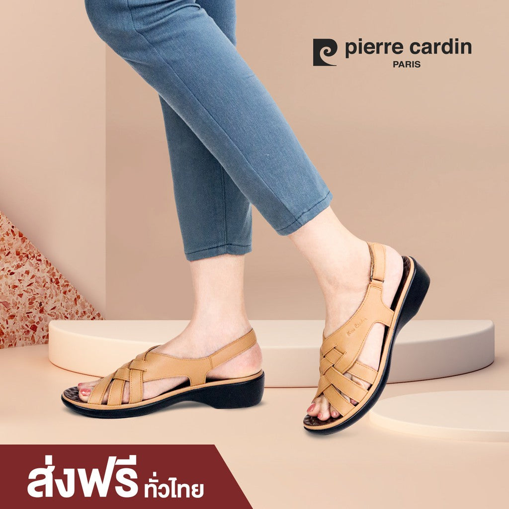 [Size 36-41] Pierre Cardin รองเท้าผู้หญิง รองเท้าแตะเพื่อสุขภาพ นุ่มสบาย ผลิตจากหนังแท้ สีน้ำตาลอ่อน รุ่น 27WS445